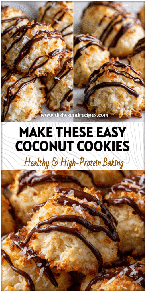 Close-up of Coconut Macaroons with glossy chocolate drizzle and golden toasted coconut flakes.